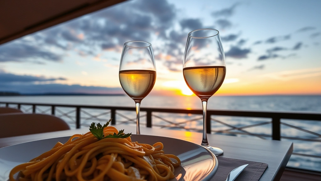 Panoramic view of waterfront dining table overlooking Lake Superior at sunset, wine glasses catching golden light, fresh pasta dish in foreground, dramatic water and sky backdrop