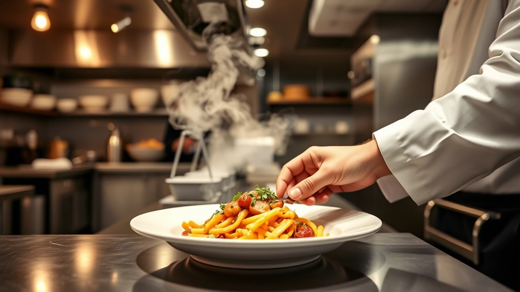 Casual restaurant scene showing chef's hands plating comfort food dish with precision, open kitchen visible, steam rising, warm overhead lighting, professional kitchen environment