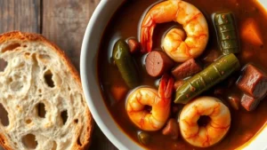 Overhead shot of a steaming bowl of dark roux-based gumbo with okra visible, surrounded by fresh Gulf shrimp and andouille sausice pieces, served in a white ceramic bowl with crusty French bread beside it