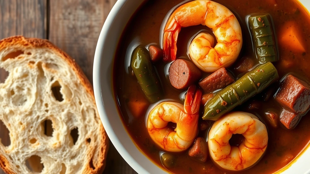 Overhead shot of a steaming bowl of dark roux-based gumbo with okra visible, surrounded by fresh Gulf shrimp and andouille sausice pieces, served in a white ceramic bowl with crusty French bread beside it