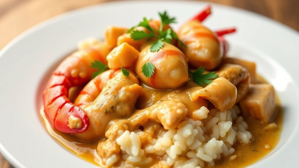 Close-up of perfectly plated crawfish étouffée with silken sauce clinging to tender crawfish tails, garnished with fresh parsley and served over creamy rice on a white plate