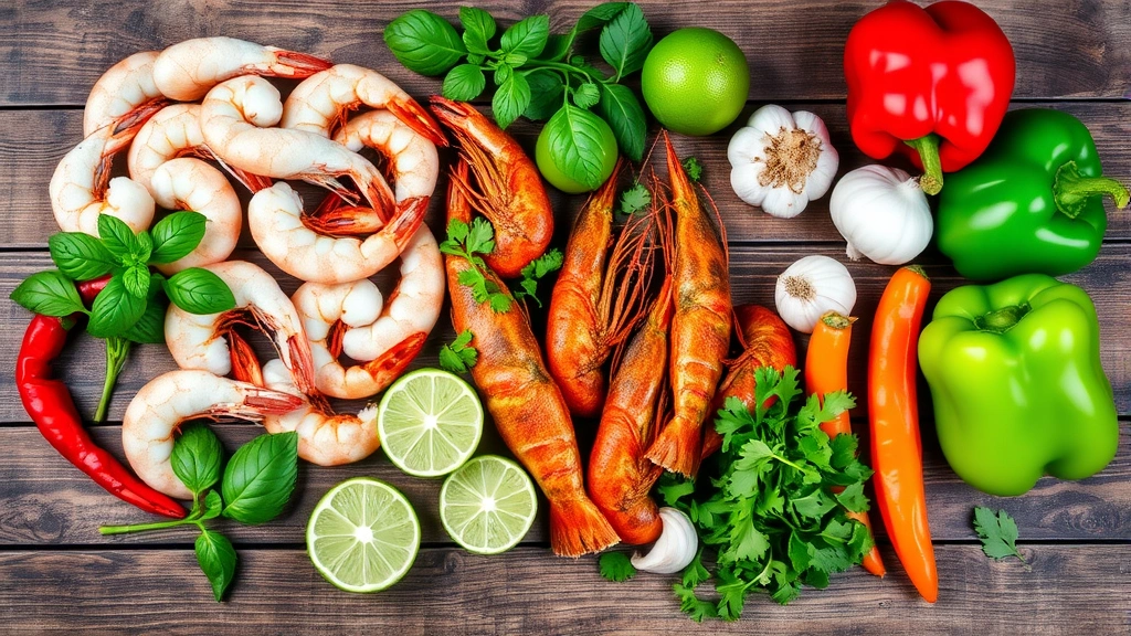 Vibrant flat lay of fresh Louisiana ingredients: whole Gulf shrimp, crawfish, fresh herbs including basil and cilantro, limes, garlic, and vibrant bell peppers arranged on rustic wooden surface with natural lighting
