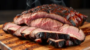 Perfectly smoked Texas brisket with deep mahogany bark, sliced thick showing pink smoke ring, glistening with rendered fat, on wooden cutting board with smoke wisping above