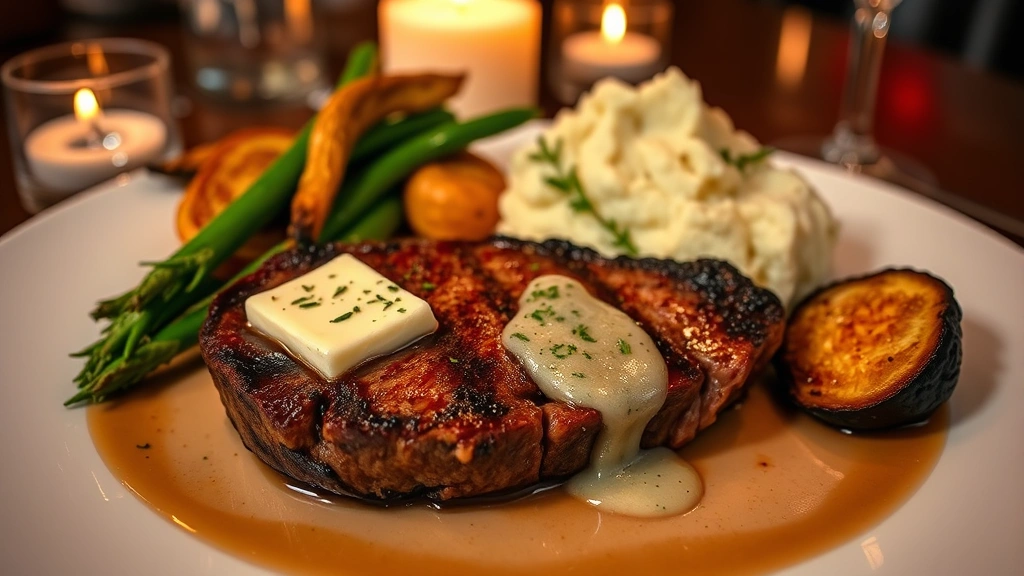 Elegant steakhouse plate featuring prime-cut steak with herb butter melting across surface, truffle mashed potatoes, and seasonal roasted vegetables arranged artfully, candlelit ambiance
