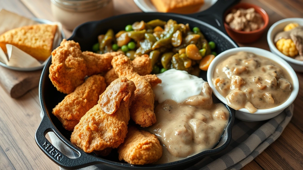 Southern comfort food spread including crispy fried chicken, creamy collard greens, buttered cornbread, and sausage gravy in cast-iron skillet, rustic farmhouse setting