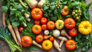 Overhead flat lay of fresh Georgia farmer's market vegetables including heirloom tomatoes, leafy greens, root vegetables, and herbs arranged on rustic wooden surface with natural sunlight