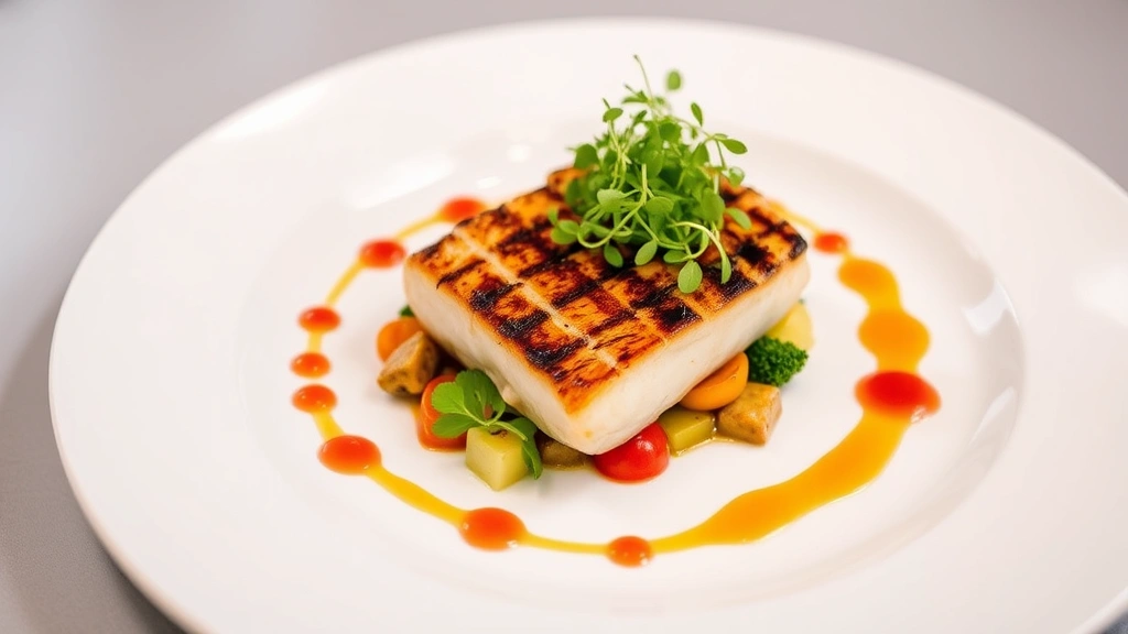 Plated fine dining dish featuring perfectly seared protein with colorful vegetable components, artistic sauce application, and microgreens garnish on white ceramic plate with professional presentation