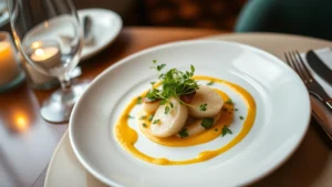 Overhead shot of an elegantly plated fine dining dish with microgreens, sauce artistry, and fresh herbs on white plate, warm professional lighting, fine dining restaurant setting