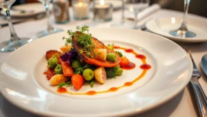 Elegant plated fine dining dish with seasonal vegetables, microgreens, and artistic sauce drizzle on white ceramic plate, fine dining restaurant table setting with wine glasses, soft warm lighting, high-end culinary presentation