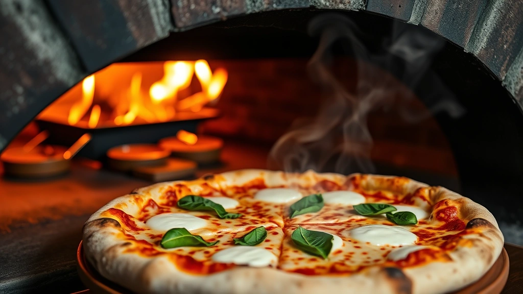 Rustic wood-fired pizza with melted mozzarella and fresh basil emerging from brick oven, steam rising, golden crust, casual Italian restaurant setting, warm ambient lighting, appetizing food photography