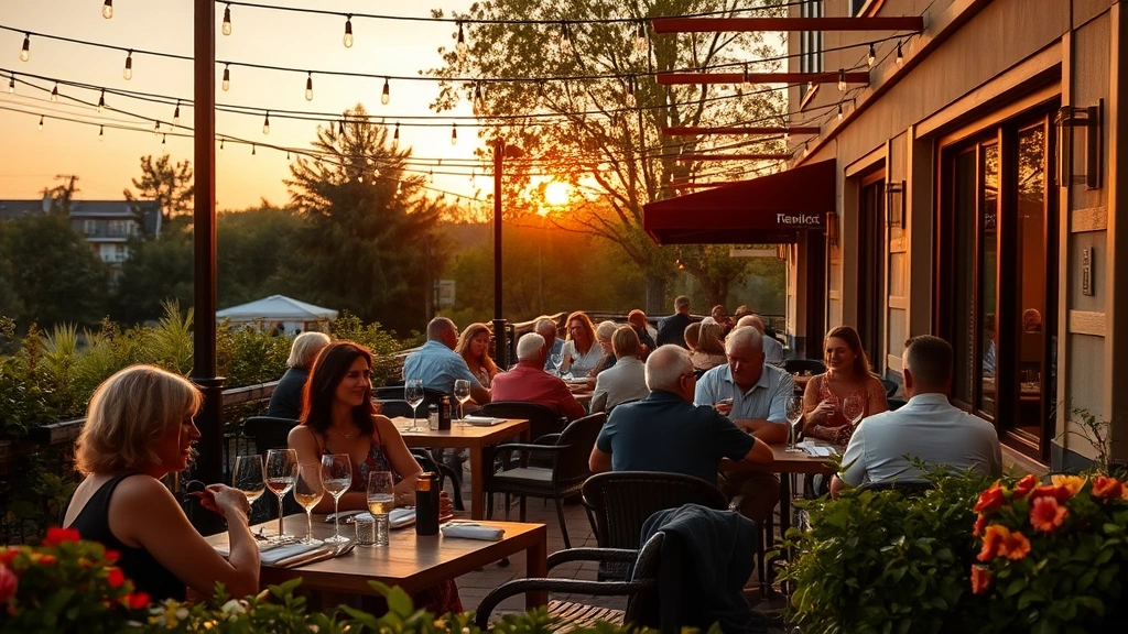 Outdoor patio dining scene during golden hour with string lights overhead, diners at tables with wine glasses, seasonal flowers and greenery, comfortable seating, warm sunset lighting, inviting restaurant atmosphere