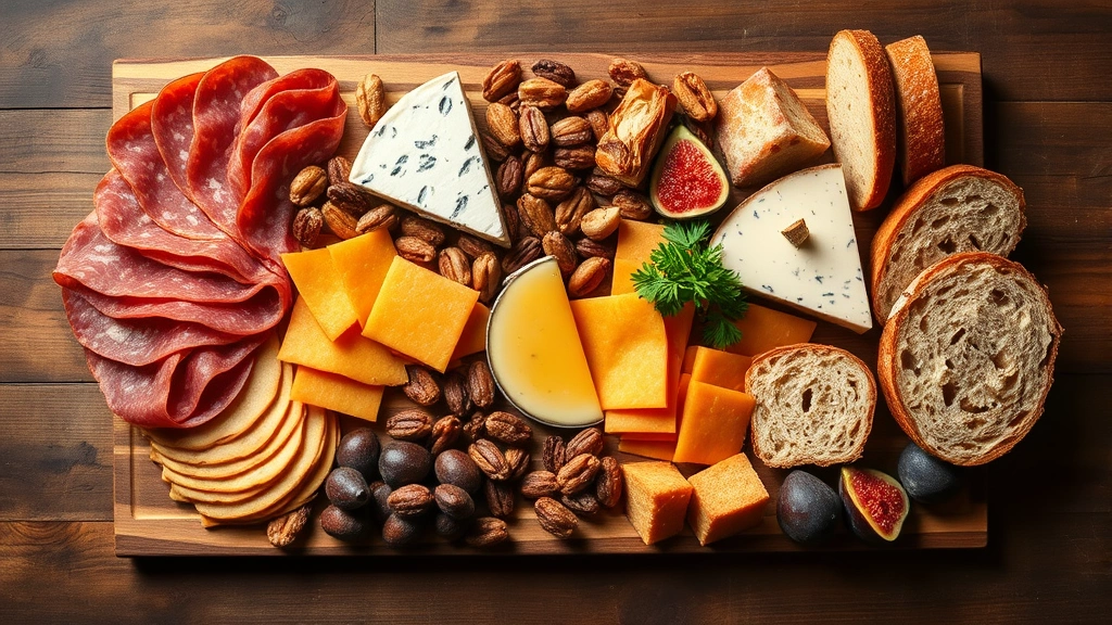 Overhead flat lay of artisanal charcuterie board with aged cured meats, aged cheeses, candied nuts, fresh figs, crusty bread, and garnish on rustic wooden surface with warm golden lighting