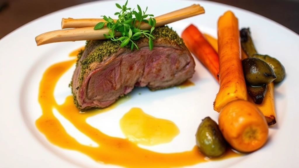 Perfectly plated fine dining dish featuring herb-crusted lamb rack, microgreens, sauce artistry, and colorful roasted root vegetables on white ceramic plate with professional restaurant presentation