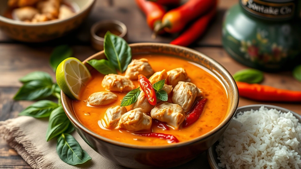 Vibrant Thai curry bowl with coconut broth, tender chicken, fresh basil leaves, chilies, lime wedges, jasmine rice, and aromatic steam rising, served in traditional ceramic bowl with rustic table setting