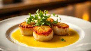 Perfectly seared scallops with microgreens and citrus beurre blanc on white plate, fine dining presentation, professional kitchen photography, warm lighting, shallow depth of field