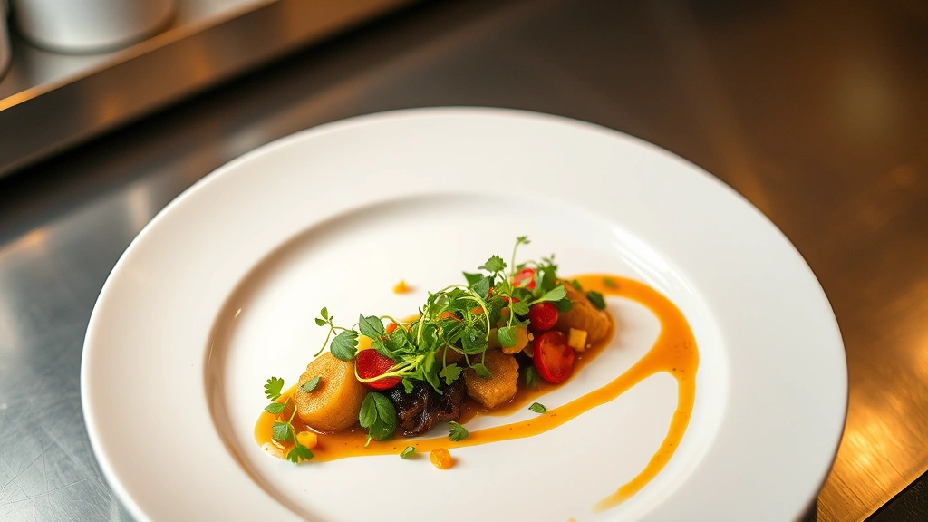Overhead view of artfully plated fine dining dish with microgreens, colorful vegetable garnishes, and sauce swoosh on white ceramic plate, warm professional kitchen lighting, shallow depth of field