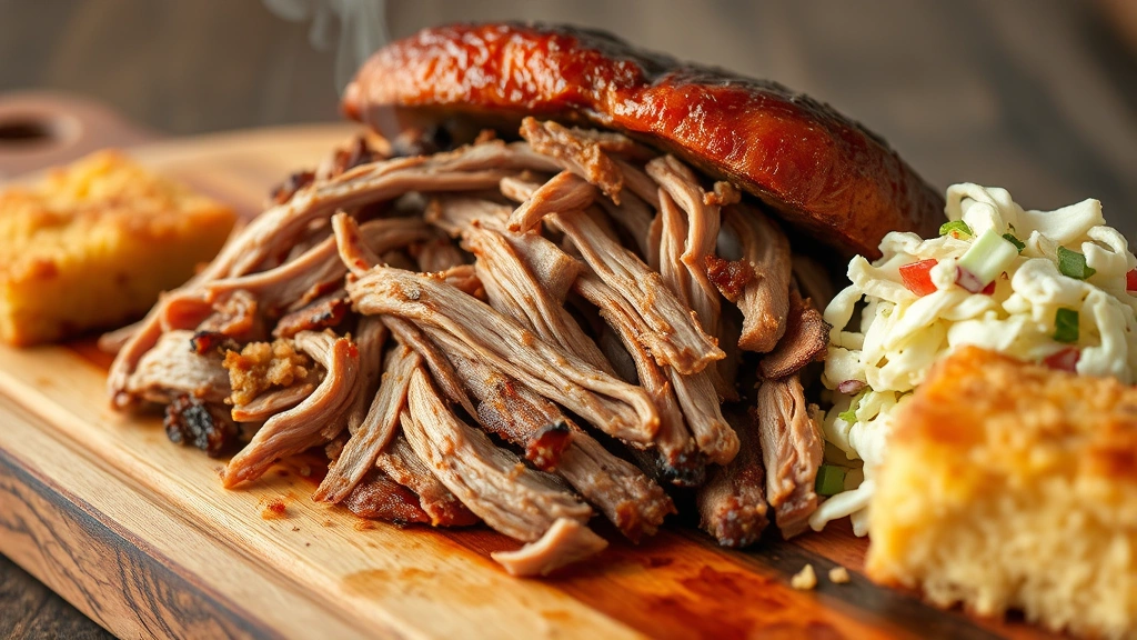 Close-up of slow-smoked pulled pork on wooden cutting board with smoke wisping, creamy coleslaw side, golden cornbread crumble, rustic Southern barbecue aesthetic