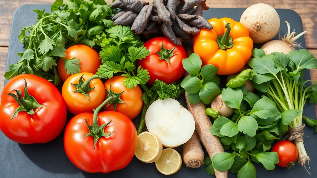 Farm-to-table vegetable medley featuring heirloom tomatoes, fresh herbs, leafy greens, and root vegetables arranged on slate board, natural daylight, garden-fresh vibrant colors