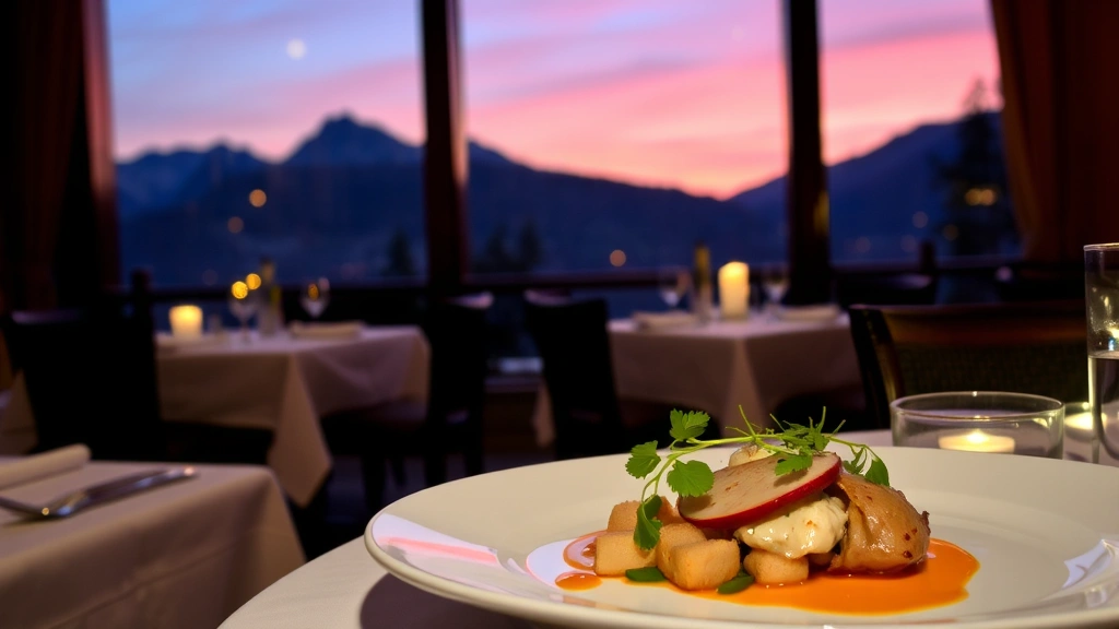 Cozy upscale restaurant interior with candlelit tables, white linens, and mountain view windows at dusk, elegant plated appetizer in foreground
