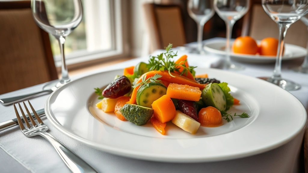 Vibrant farm-fresh vegetable medley on elegant plate with herb garnish, natural window lighting, fine dining table setting with wine glasses