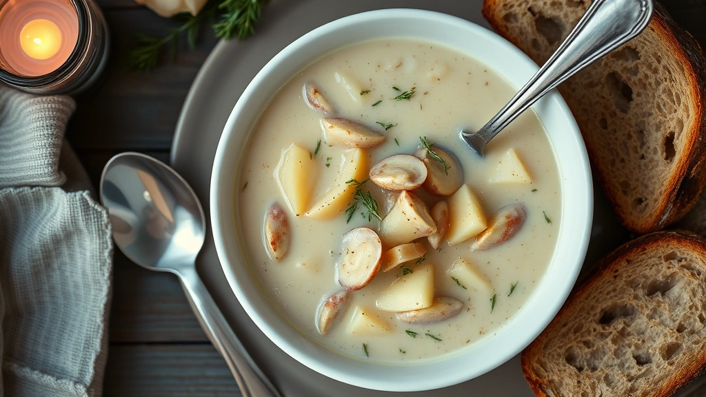 Overhead shot of New England clam chowder in white bowl, creamy base with visible quahog pieces and diced potatoes, fresh thyme garnish, crusty bread beside, warm candlelit ambiance reflected in spoon