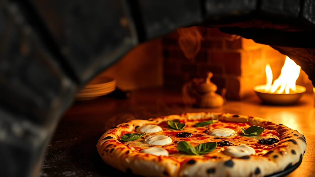 Wood-fired pizza emerging from traditional oven with leopard-spotted charring, fresh mozzarella and basil visible, steam rising, rustic Italian taverna background slightly blurred, warm orange glow from oven
