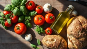 Overhead flat lay of farm-fresh ingredients arranged artfully: heirloom tomatoes, fresh basil, olive oil bottle, garlic, and artisanal bread on rustic wooden surface with natural sunlight casting shadows