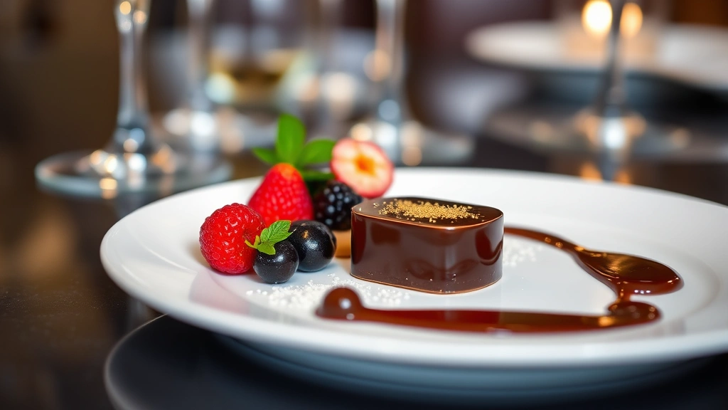 Elegant plated fine dining dessert featuring dark chocolate ganache, gold leaf accents, fresh berries, and delicate sugar work on white porcelain plate with blurred wine glasses in background