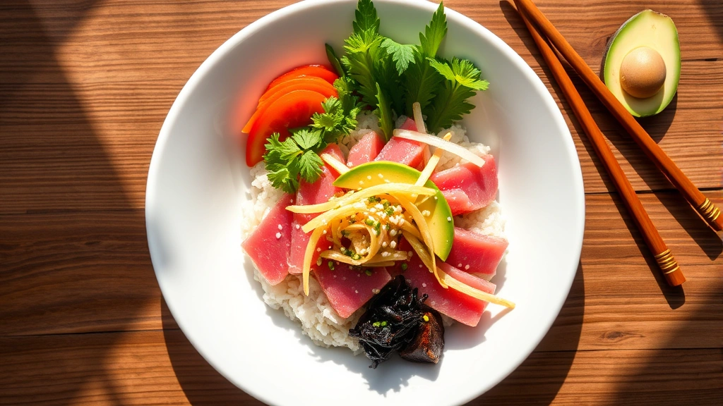 Overhead shot of vibrant poke bowl with ahi tuna, sesame seeds, avocado, seaweed salad, and pickled ginger arranged artfully on white ceramic plate, natural sunlight