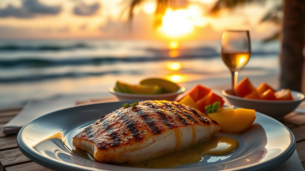 Sunset beach dining scene showing grilled mahi-mahi fillet with butter sauce, tropical fruit sides, and ocean waves blurred in background, golden hour lighting