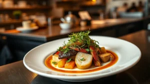 Artfully plated fine dining dish with seasonal vegetables, microgreens, and sauce swirl on white ceramic plate, professional restaurant kitchen background, warm lighting highlighting textures and colors, photorealistic food photography
