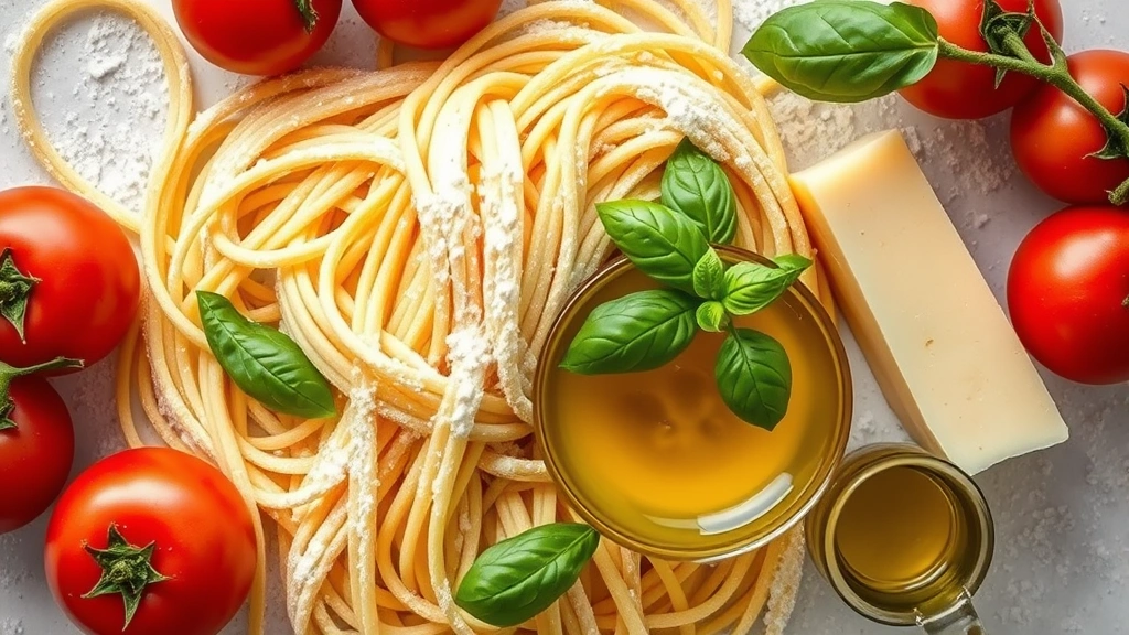 Overhead flat lay of fresh pasta strands dusted with flour, surrounded by ripe heirloom tomatoes, fresh basil leaves, aged Parmigiano-Reggiano wedge, and golden olive oil in a glass bowl, natural window lighting
