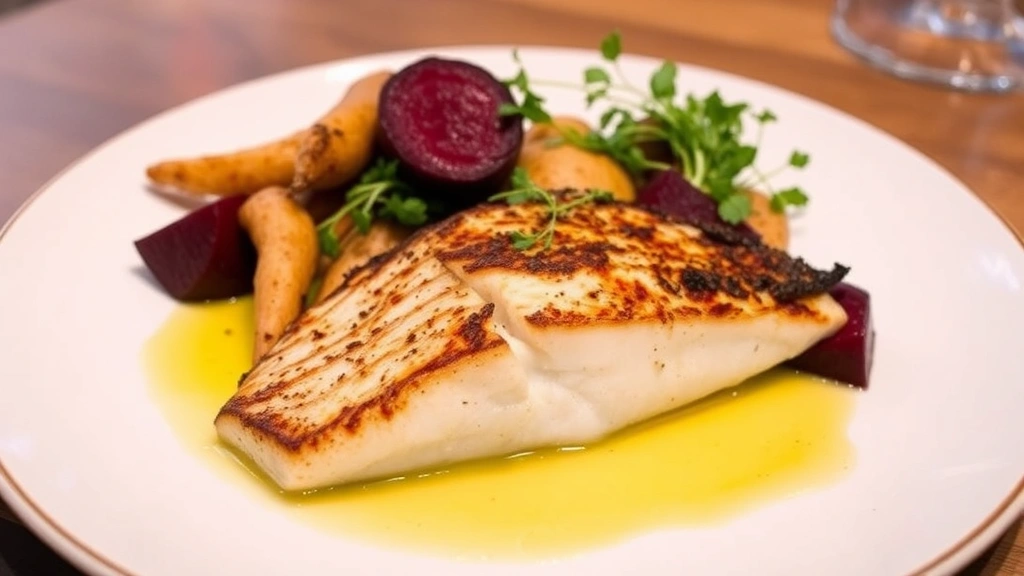 Plated pan-seared fluke fillet with crispy skin side up, accompanied by roasted seasonal root vegetables including beets and parsnips, microgreens garnish, and silky butter sauce pooling around the plate, restaurant plating style