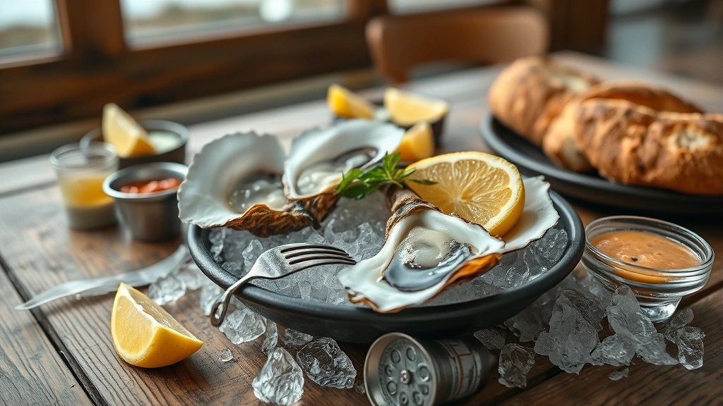 Rustic wooden table spread with fresh oysters on ice, small fork beside shell, fresh lemon wedges, mignonette sauce in small glass, crusty bread, and ocean-view window blurred in background, seafood-focused composition