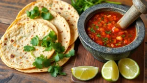 Rustic wooden table with colorful handmade tortillas, fresh cilantro, lime wedges, and traditional Mexican salsa in a molcajete, warm southwestern lighting