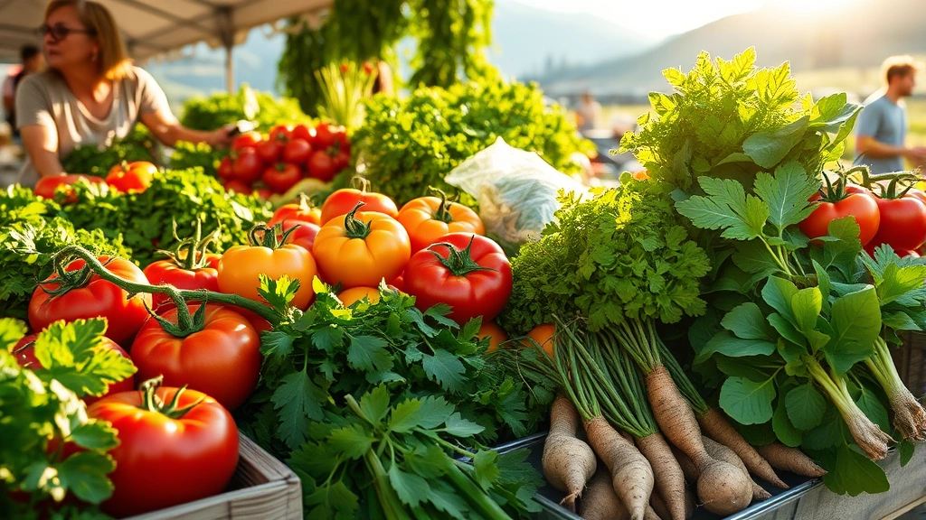 Farm-fresh vegetables at farmers market—heirloom tomatoes, fresh herbs, root vegetables, morning sunlight illuminating produce, mountain setting backdrop
