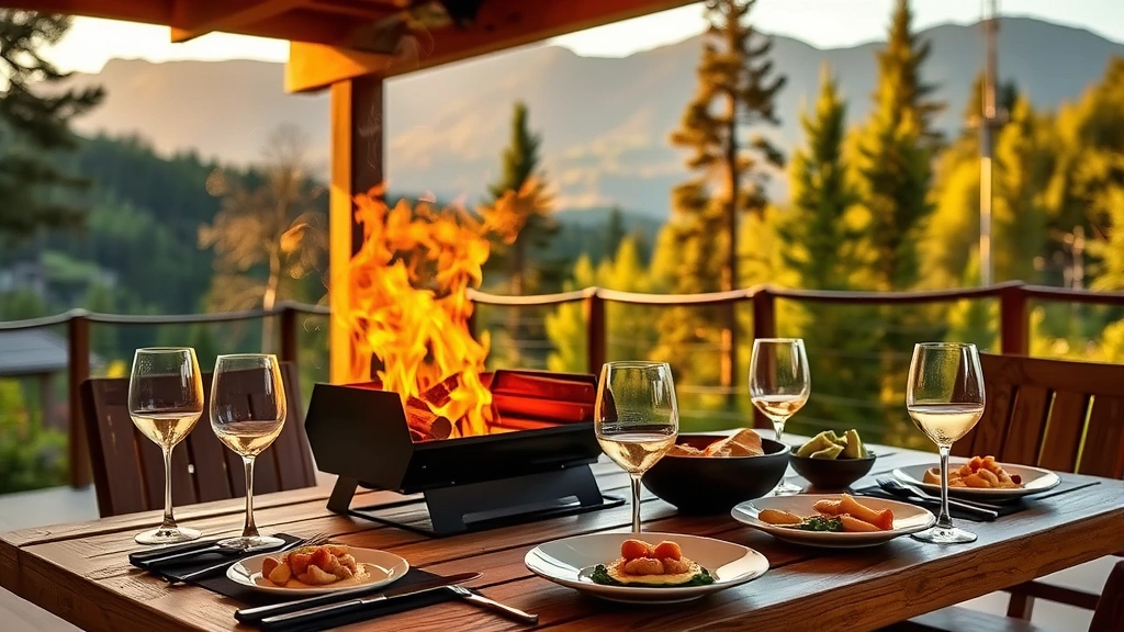 Outdoor patio dining setup with wood-fired grill smoking, plated dishes, wine glasses, mountain forest view in background, golden hour lighting