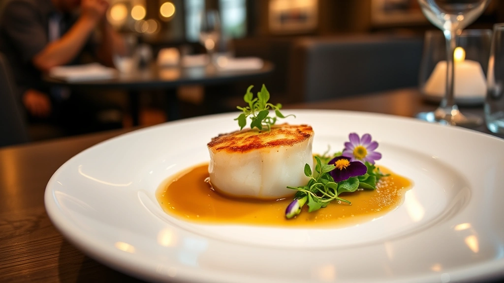 Professional plated fine dining dish featuring perfectly seared scallop with brown butter emulsion, microgreens, and edible flowers on white ceramic plate, soft warm lighting, restaurant table setting visible