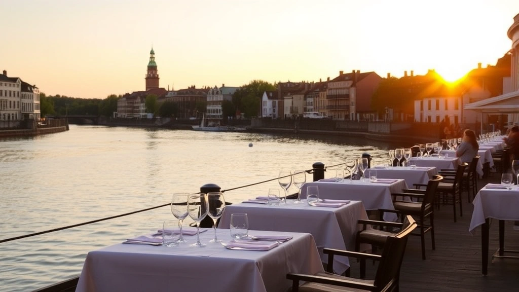 River Itchen waterfront at sunset with outdoor restaurant dining tables set with white linens, wine glasses, and place settings, historic Winchester buildings visible in background, golden hour lighting