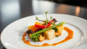 Professional plating of seasonal vegetables with herb garnish, soft lighting on white ceramic plate, fine dining presentation with artistic sauce drizzle