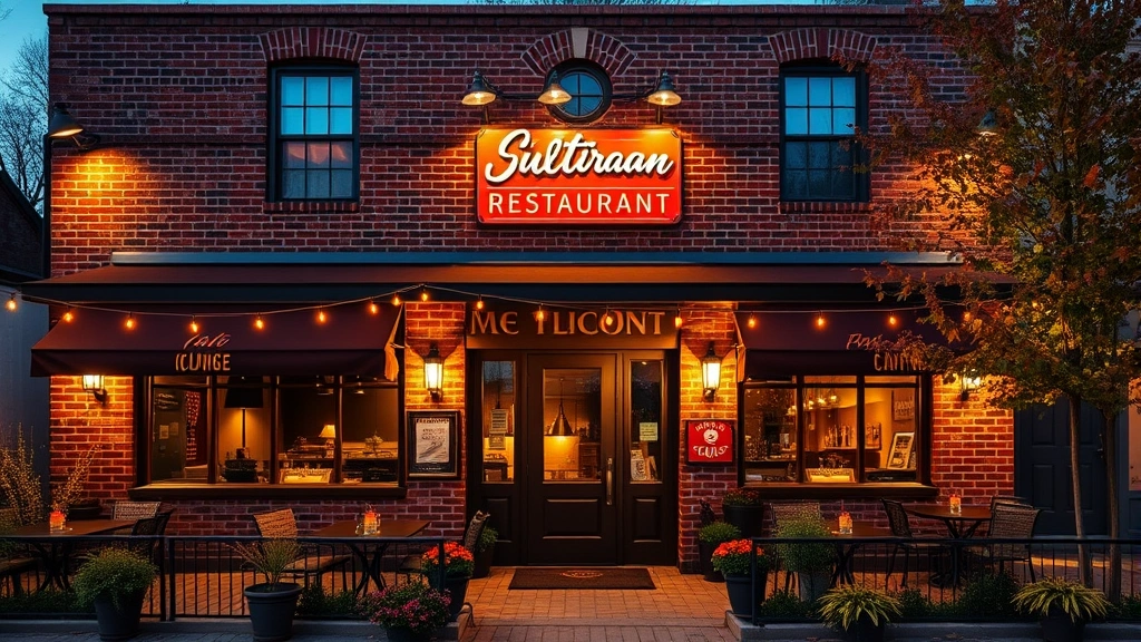 Exterior of cozy brick restaurant building with warm evening lighting, outdoor patio seating with string lights, fall foliage surroundings, welcoming entrance