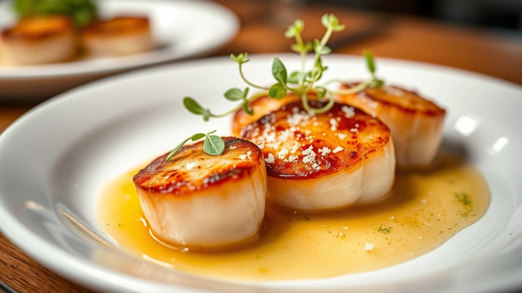 Freshly seared scallops with brown butter and sea salt on white ceramic plate, garnished with microgreens, professional food photography, shallow depth of field, restaurant lighting