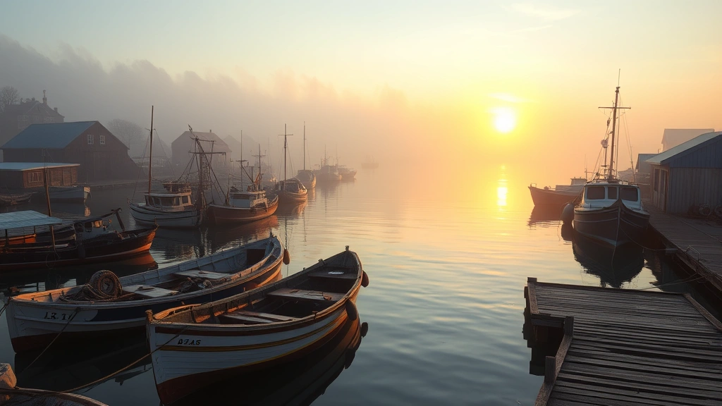 Coastal fishing village harbor at sunrise with traditional boats, weathered wooden docks, ocean mist, golden morning light reflecting on calm water, no people visible