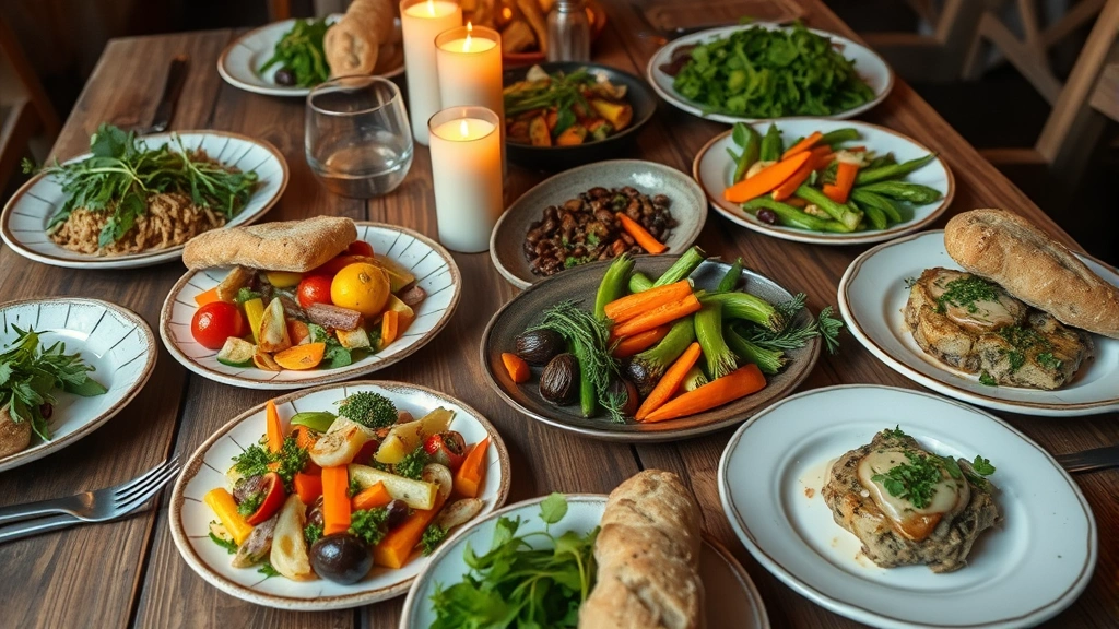 Rustic wooden table set with multiple small plates featuring colorful vegetables, fresh herbs, artisanal bread, and local ingredients arranged for family-style dining, warm candlelight