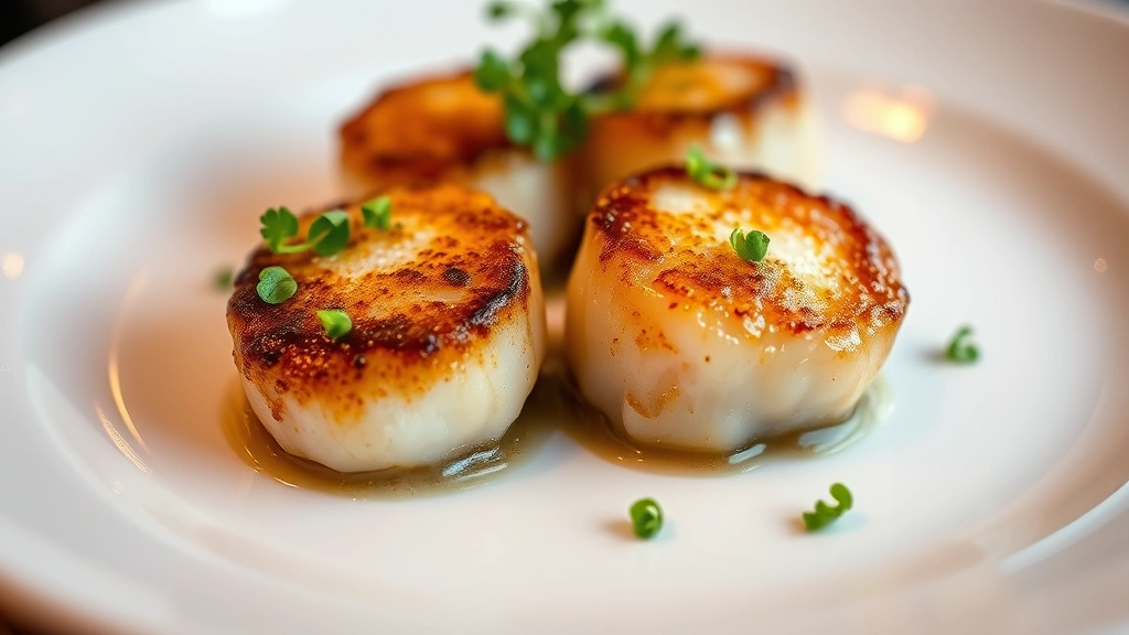 Perfectly seared scallops with golden crust on white plate, microgreens garnish, artistic plating, professional restaurant photography, shallow depth of field, warm lighting highlighting the caramelized surface and tender interior