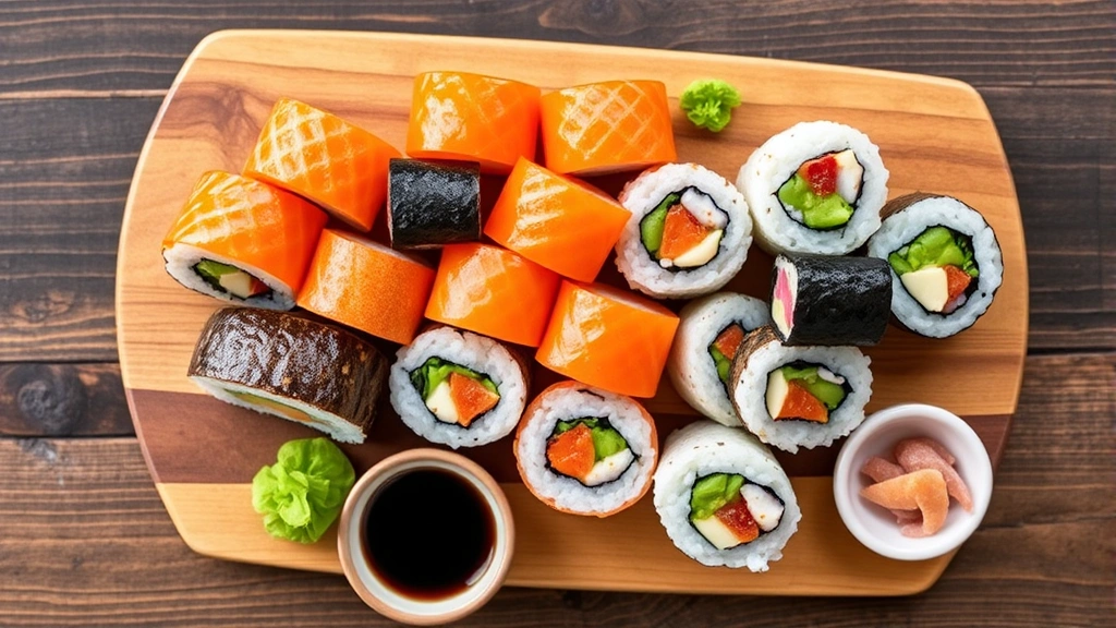 Overhead view of colorful sushi rolls on wooden board with wasabi, pickled ginger, and soy sauce in small ceramic dishes, fresh ingredients visible, vibrant colors, artfully arranged, professional food styling, natural lighting