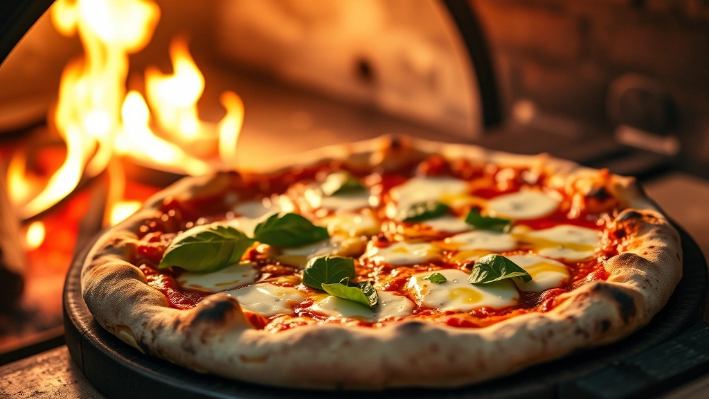 Wood-fired pizza with charred crust and bubbling cheese, fresh basil, olive oil drizzle, coming out of traditional oven, flames visible in background, rustic Italian style, appetizing warm tones, professional culinary photography