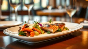 Elegant plated fine dining dish with precision garnish, soft warm lighting, gourmet composition with seasonal vegetables and protein, professional restaurant setting, depth of field focusing on food details