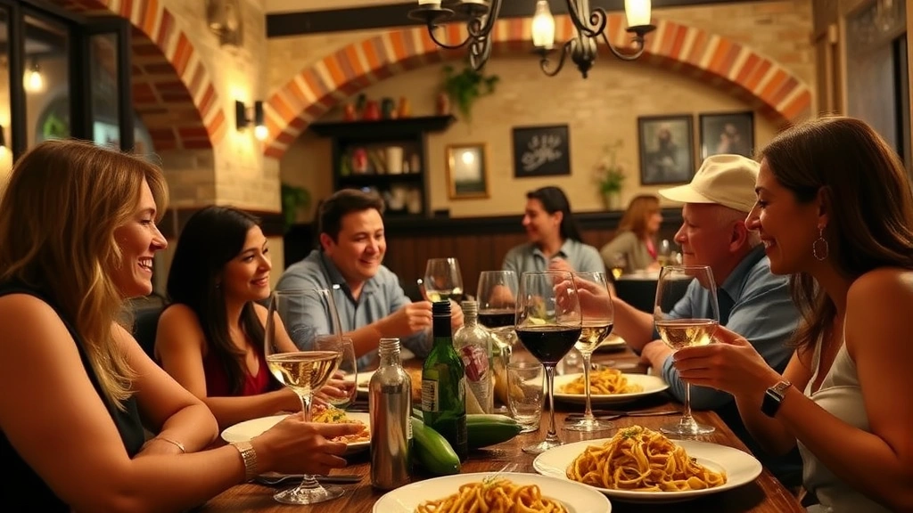 Casual Italian restaurant interior with rustic charm, guests dining together, warm ambient lighting, comfortable atmosphere, wine glasses and fresh pasta dishes visible, convivial celebratory mood