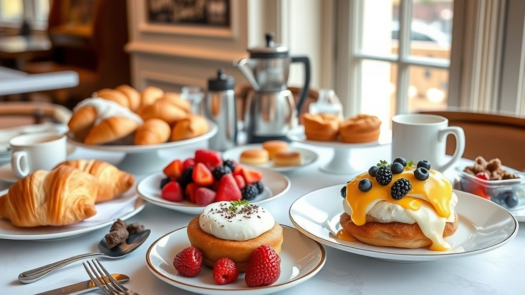 Brunch spread featuring croissants, fresh berries, eggs benedict, pastries, coffee service, natural morning light through windows, artisanal bakery presentation, elegant table setting
